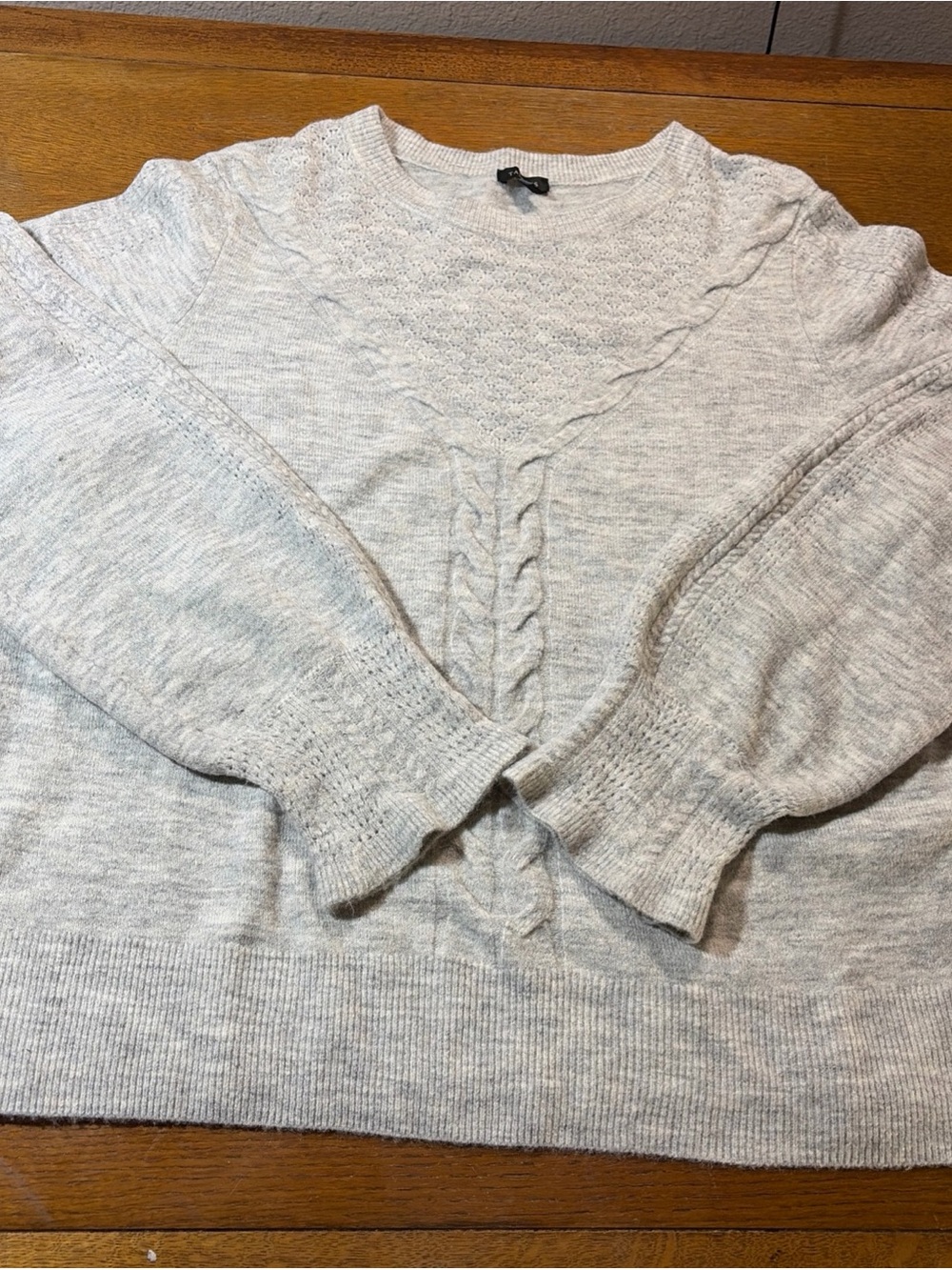 Talbots Light Gray Heathered Cable-Front Crewneck Sweater